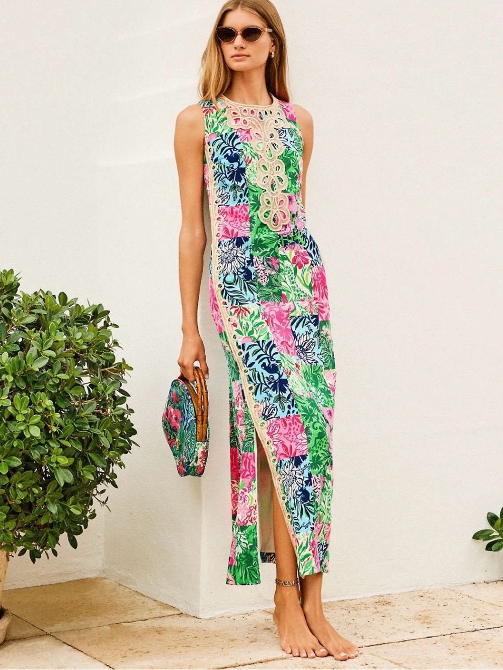 Lilly Pulitzer Gold-Trim Tropical Print Dress nwt 00